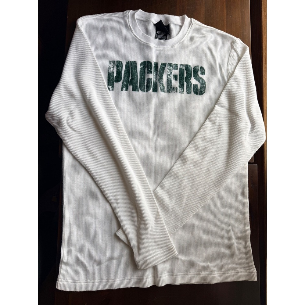 Reebok Green Bay Packers Mens White Thermal Waffle Knit Long Sleeve Shirt Medium